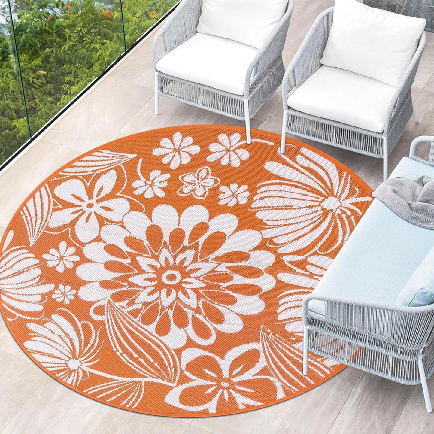 Ileading Round Outdoor Plastic Straw Rug 6ft Funny Floral Style Reversible Patio Area Rugs Waterproof Non Shedding Portable Carpets for Rv Outside Deck Pool Beach Picnic Camping (Pink)