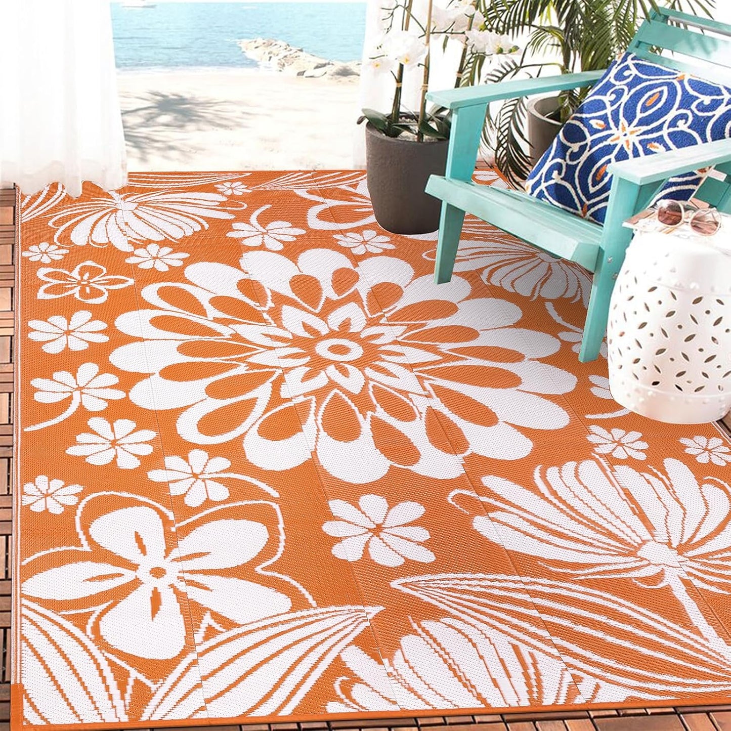 Ileading Round Outdoor Plastic Straw Rug 6ft Funny Floral Style Reversible Patio Area Rugs Waterproof Non Shedding Portable Carpets for Rv Outside Deck Pool Beach Picnic Camping (Pink)