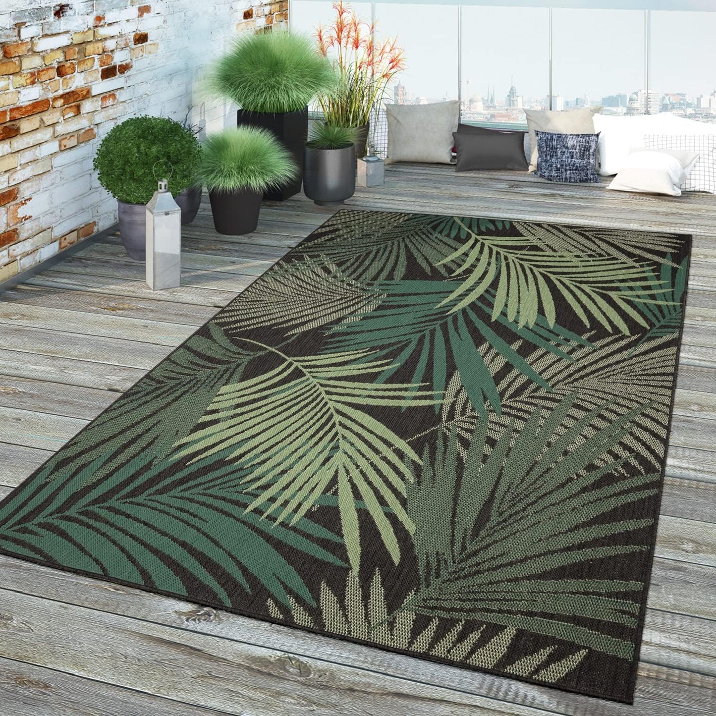 Indoor & Outdoor Rug Flat-Weave Jungle Floral Palm Trees Design Black Green, Size: 3'11" x 5'7"