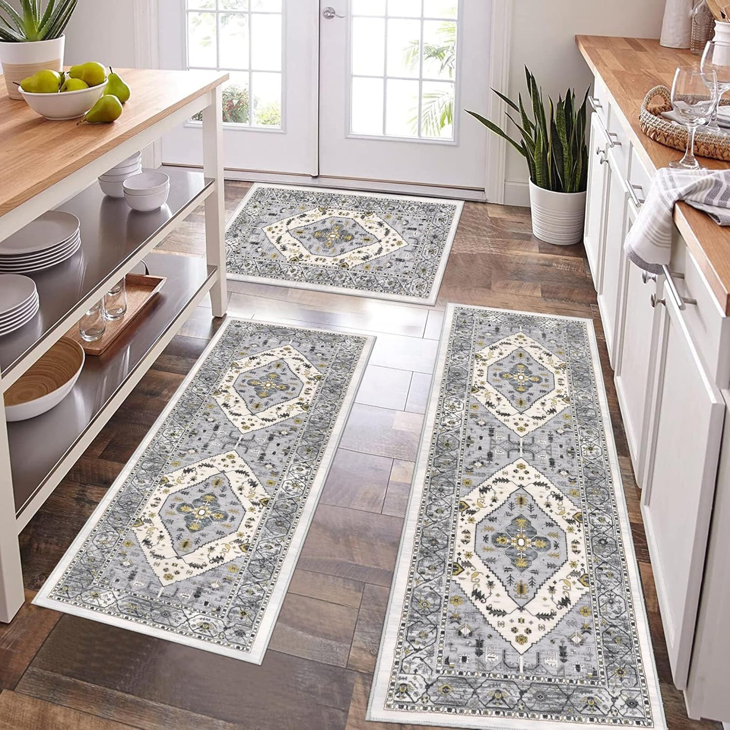 Pauwer Kitchen Mats for Floor 3 Piece Set Boho Non Slip Kitchen Rugs Washable Farmhouse Kitchen Floor Mats Thick Long Kitchen Throw Area Rug Carpet Runner for Hallway Entryway Laundry Bathroom, Blue