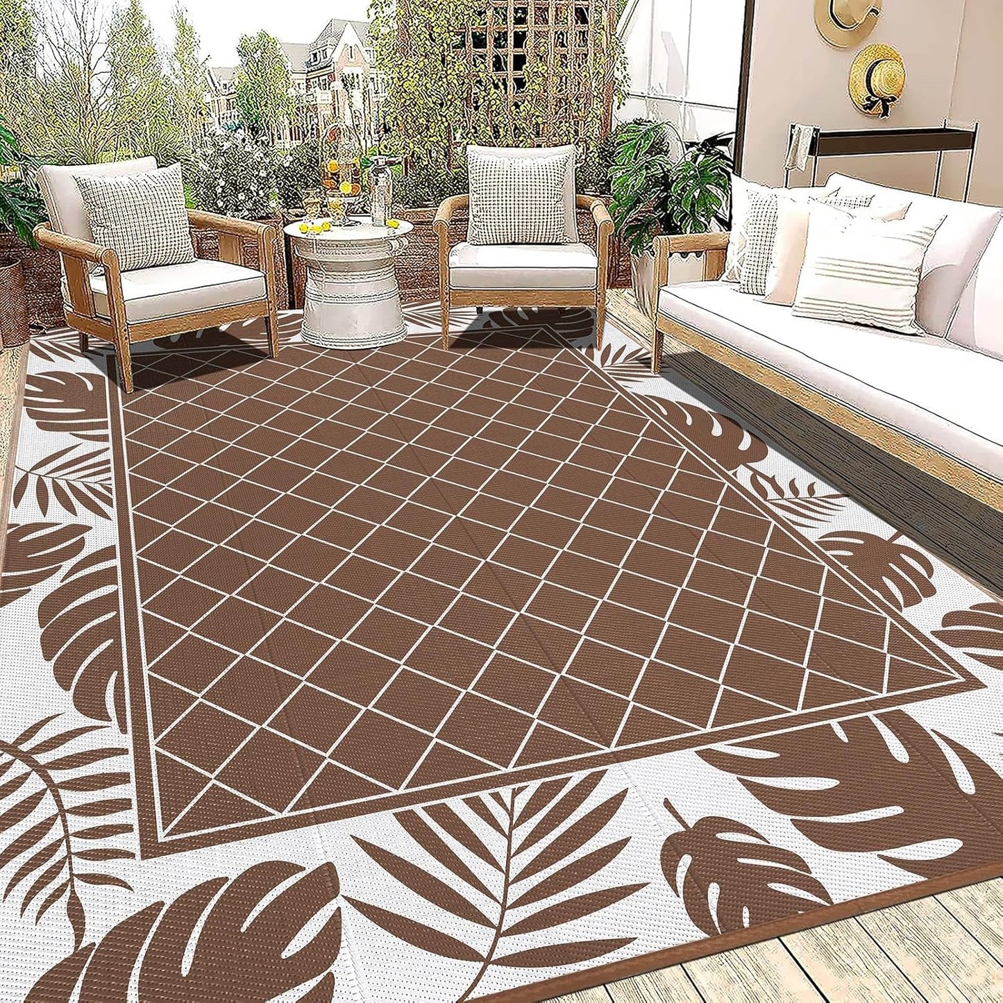 Ileading Reversible Outdoor Rug 6x9Ft Waterproof Patio Rug Carpet Portable Outdoor Plastic Straw Rug Large RV Camping Mat Rug for Patio, Clearance, Deck, Beach, Porch, Camping, Picnic, Flower Grey