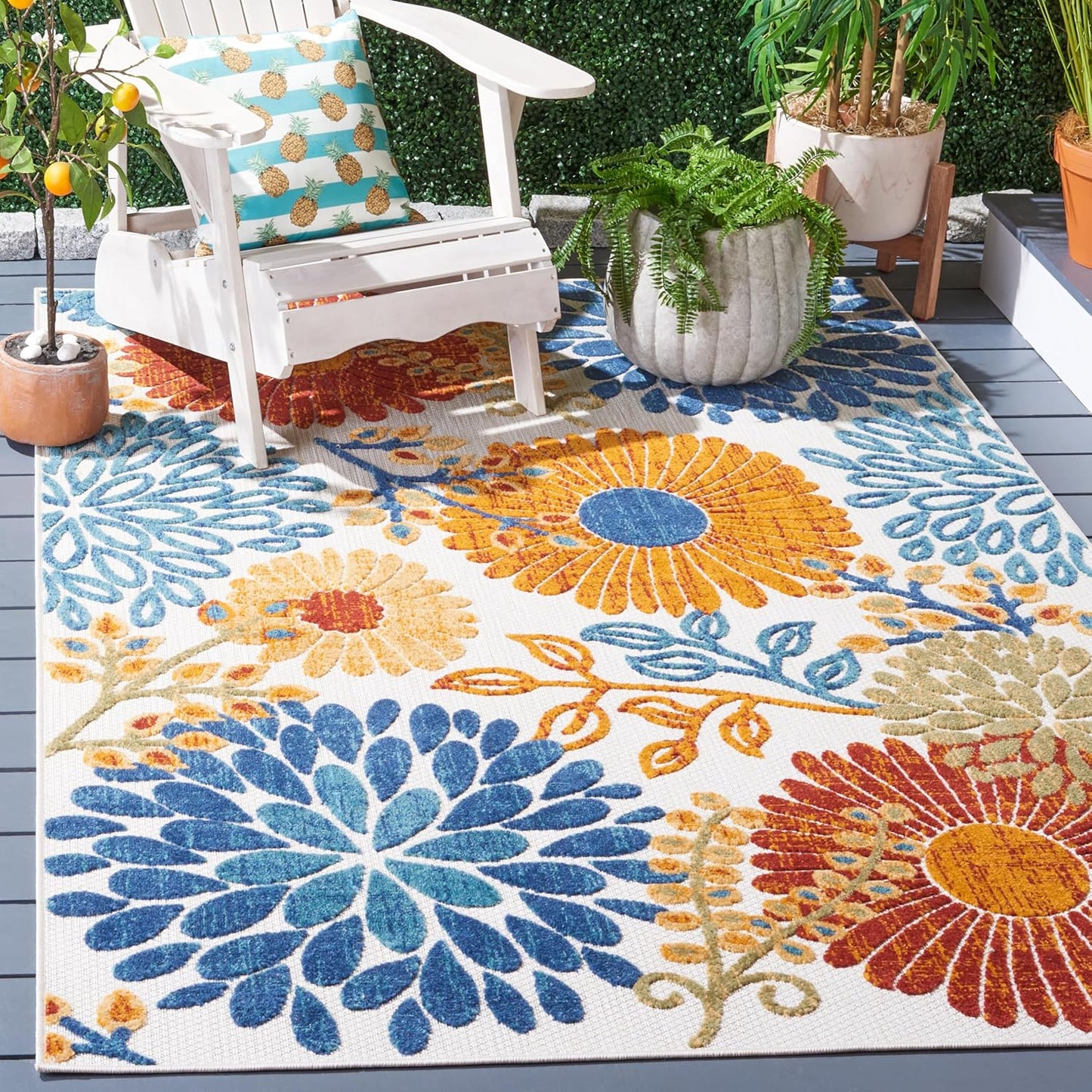 SAFAVIEH Cabana Collection 3' Round Cream/Red CBN832A Floral Indoor/ Outdoor Non-Shedding Easy Cleaning Patio Backyard Deck Porch Mudroom Area Rug
