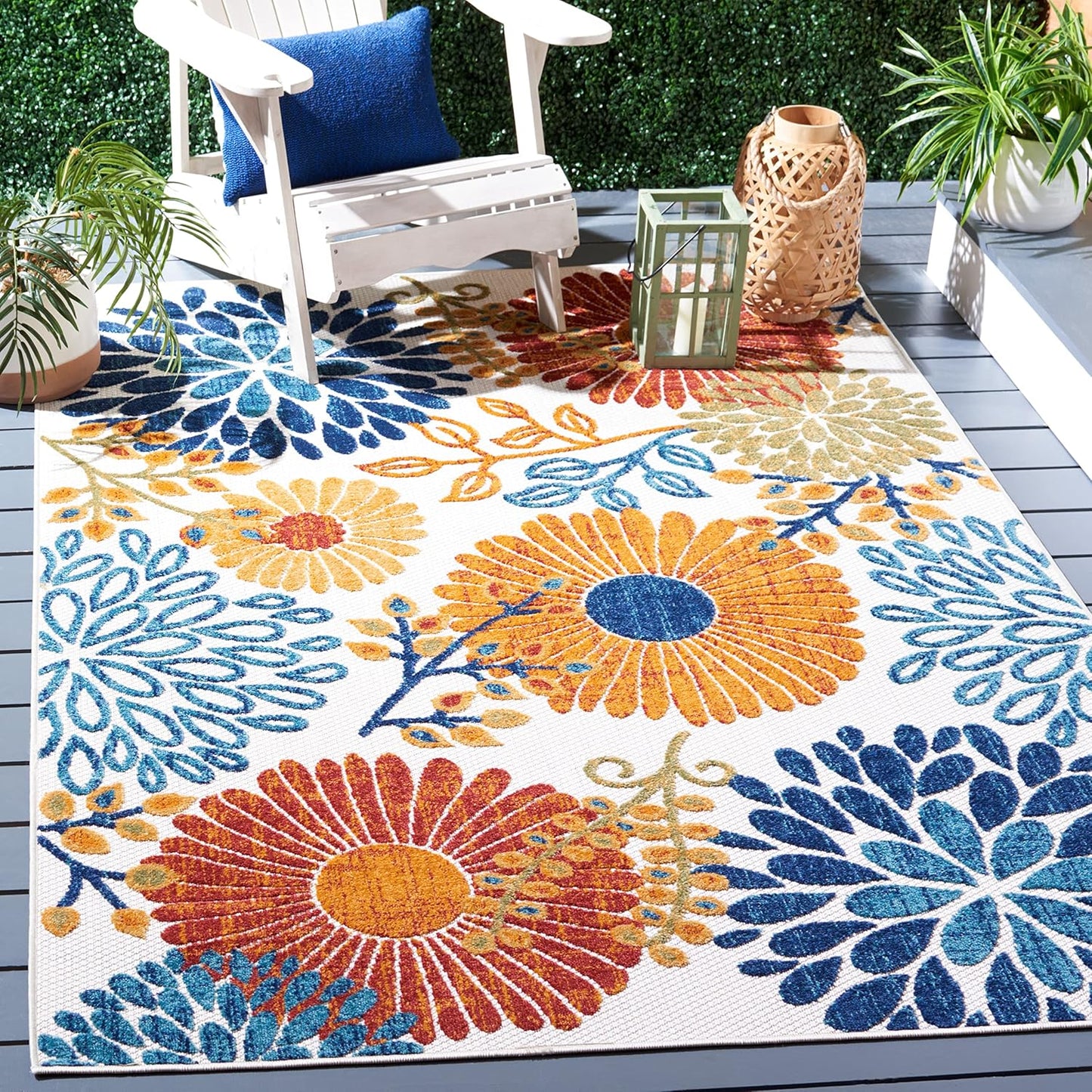 SAFAVIEH Cabana Collection 3' Round Cream/Red CBN832A Floral Indoor/ Outdoor Non-Shedding Easy Cleaning Patio Backyard Deck Porch Mudroom Area Rug