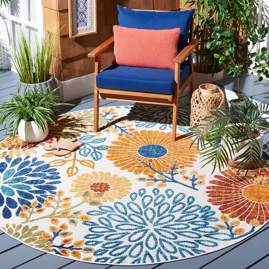 SAFAVIEH Cabana Collection 3' Round Cream/Red CBN832A Floral Indoor/ Outdoor Non-Shedding Easy Cleaning Patio Backyard Deck Porch Mudroom Area Rug