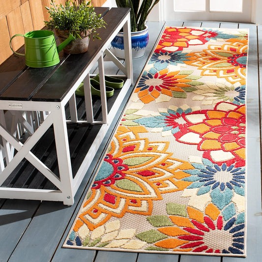 SAFAVIEH Cabana Collection 2'2" x 7' Ivory/Orange CBN328A Floral Indoor/ Outdoor Non-Shedding Easy Cleaning Patio Backyard Porch Deck Mudroom Runner Rug