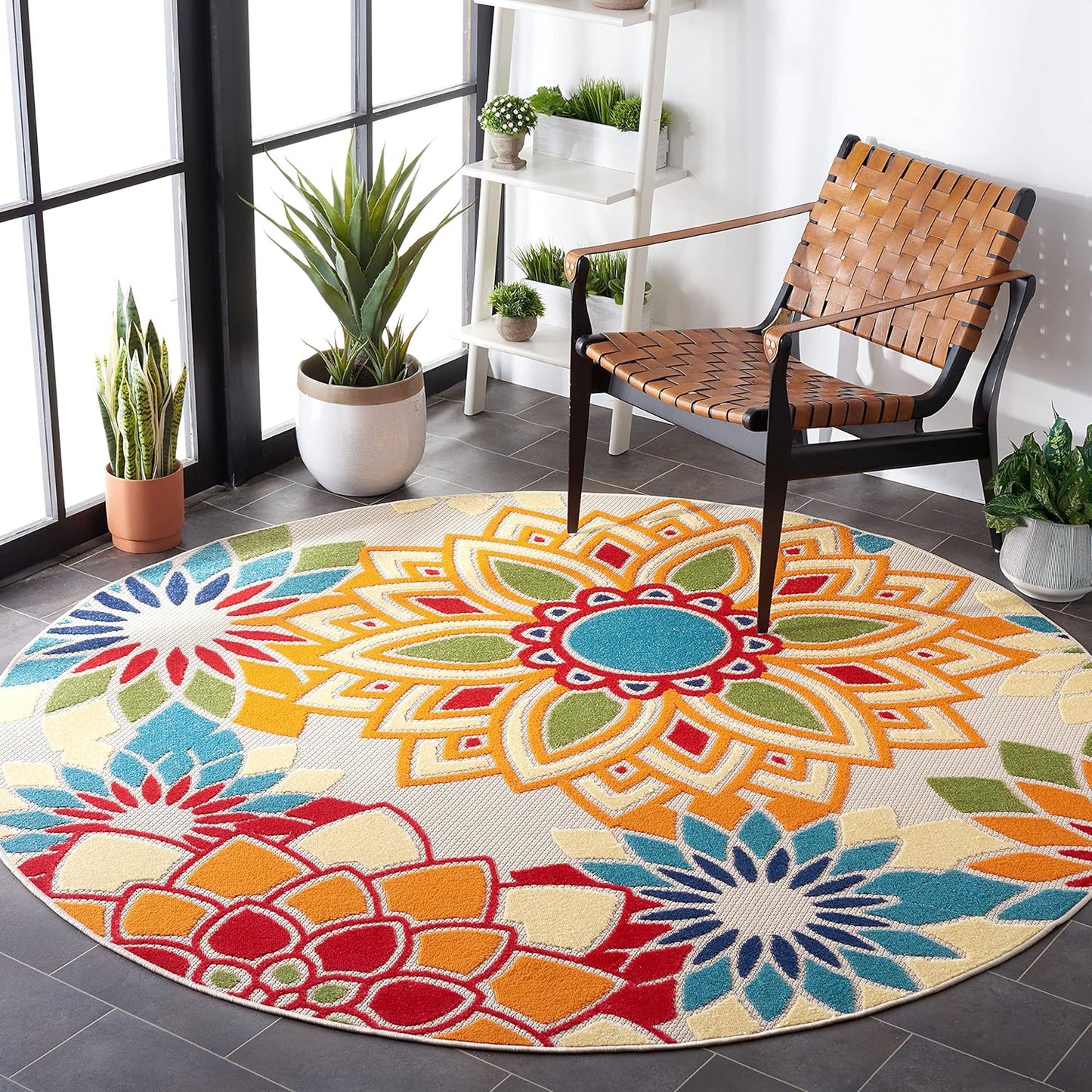 SAFAVIEH Cabana Collection 2'2" x 7' Ivory/Orange CBN328A Floral Indoor/ Outdoor Non-Shedding Easy Cleaning Patio Backyard Porch Deck Mudroom Runner Rug
